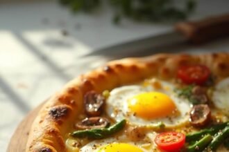 "Golden-baked egg pizza with sautéed mushrooms, asparagus, cherry tomatoes, mozzarella cheese on a toasted naan base, garnished with fresh oregano and black pepper on a white marble background with a rustic cutting board and knife."