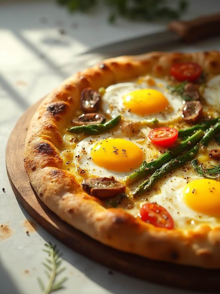 "Golden-baked egg pizza with sautéed mushrooms, asparagus, cherry tomatoes, mozzarella cheese on a toasted naan base, garnished with fresh oregano and black pepper on a white marble background with a rustic cutting board and knife."
