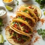 "Overhead shot of seasoned ground turkey tacos with fresh toppings on a clean white marble surface"