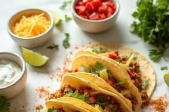 "Overhead shot of seasoned ground turkey tacos with fresh toppings on a clean white marble surface"