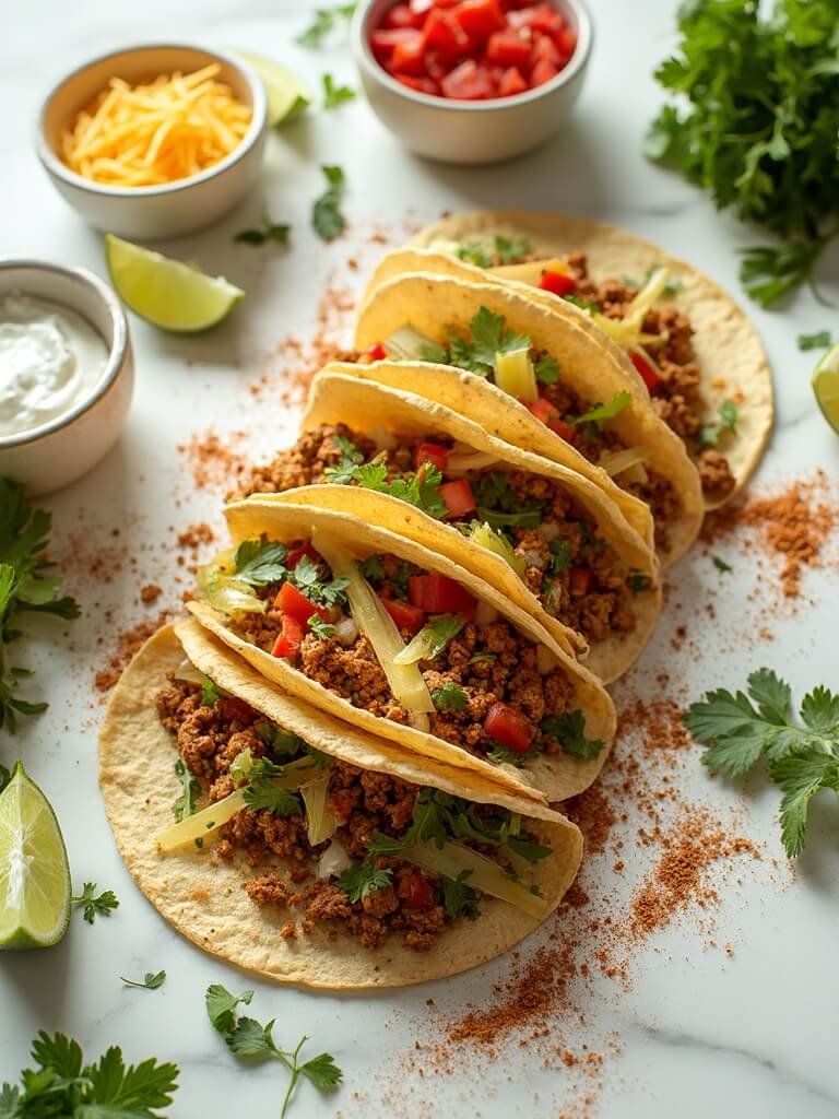 "Overhead shot of seasoned ground turkey tacos with fresh toppings on a clean white marble surface"