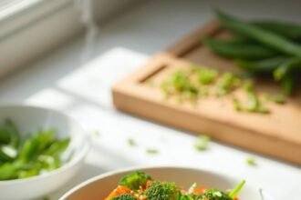 "Colorful stir fry vegetables with glossy sauce in white ceramic bowl on marble countertop"