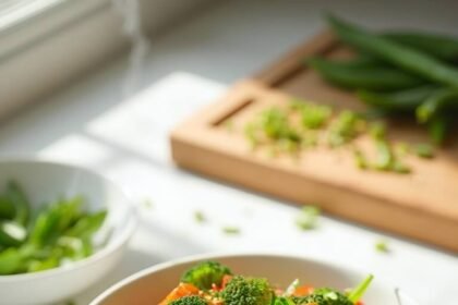 "Colorful stir fry vegetables with glossy sauce in white ceramic bowl on marble countertop"