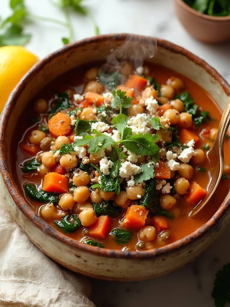 "Hearty bean and lentil stew with chickpeas, spinach, carrot, and feta in a rustic ceramic bowl on a white marble background, accompanied by a lemon wedge and wooden spoon"