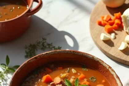 "Hearty lentil soup with diced vegetables in rustic bowl on marble countertop, surrounded by fresh ingredients and utensils, under soft natural light."