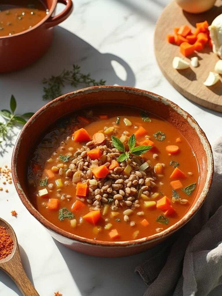 "Hearty lentil soup with diced vegetables in rustic bowl on marble countertop, surrounded by fresh ingredients and utensils, under soft natural light."