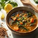 "Hearty lentil soup with spinach, carrots, and celery in a rustic bowl on a clean marble background, with raw ingredients scattered around and a wedge of fresh lemon nearby."