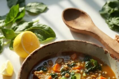 "Hearty lentil soup with spinach, carrots, and celery in a rustic bowl on a clean marble background, with raw ingredients scattered around and a wedge of fresh lemon nearby."