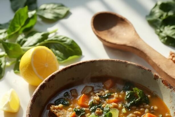 "Hearty lentil soup with spinach, carrots, and celery in a rustic bowl on a clean marble background, with raw ingredients scattered around and a wedge of fresh lemon nearby."