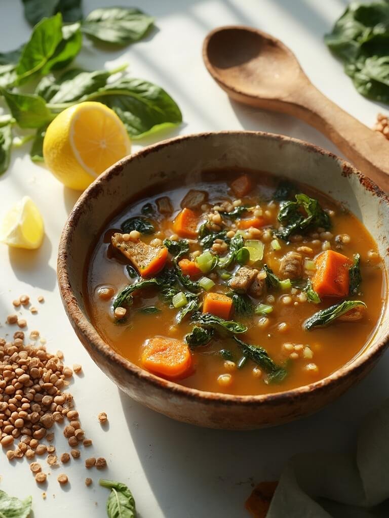 "Hearty lentil soup with spinach, carrots, and celery in a rustic bowl on a clean marble background, with raw ingredients scattered around and a wedge of fresh lemon nearby."