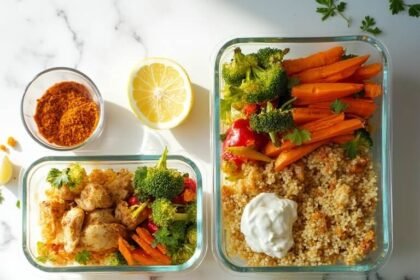 "High protein budget meal prep bowls filled with quinoa, chicken, roasted vegetables, chickpeas, and Greek yogurt, arranged on clean marble countertop with raw ingredients scattered around"