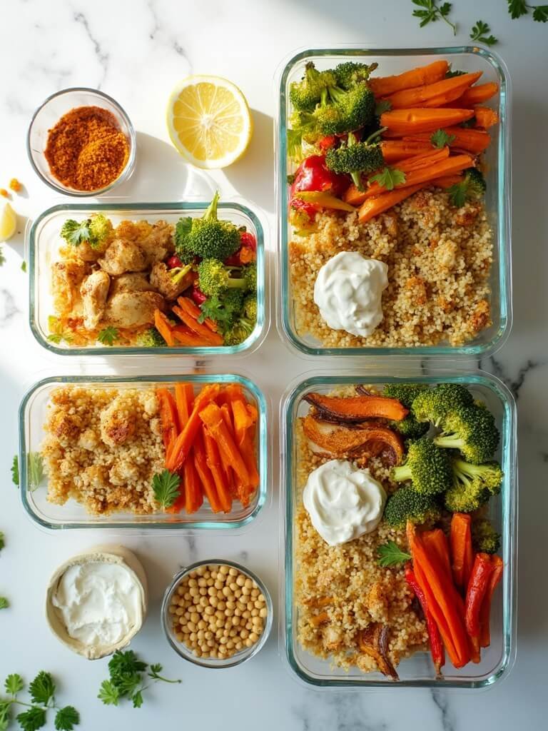 "High protein budget meal prep bowls filled with quinoa, chicken, roasted vegetables, chickpeas, and Greek yogurt, arranged on clean marble countertop with raw ingredients scattered around"