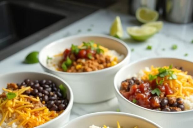 "High protein burrito bowls with ground turkey, rice, black beans, corn, cheese, and salsa on a white countertop"