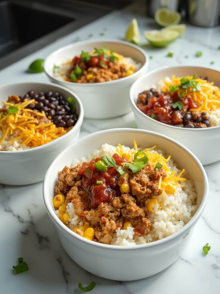 "High protein burrito bowls with ground turkey, rice, black beans, corn, cheese, and salsa on a white countertop"