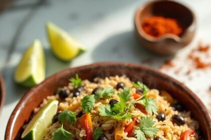 "Overhead shot of high protein rice and beans with black beans, brown rice, bell peppers, cilantro, and lime garnish on a clean white marble background."