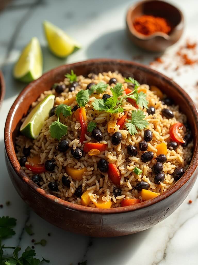 "Overhead shot of high protein rice and beans with black beans, brown rice, bell peppers, cilantro, and lime garnish on a clean white marble background."
