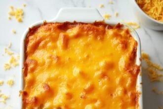 "Freshly baked homemade macaroni and cheese in a white ceramic dish on a marble background, with a serving spoon and extra grated cheese scattered around"