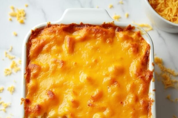 "Freshly baked homemade macaroni and cheese in a white ceramic dish on a marble background, with a serving spoon and extra grated cheese scattered around"