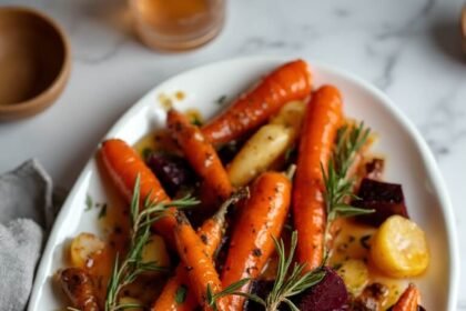 "Honey-roasted root vegetable medley with caramelized carrots, parsnips, and beets on a white ceramic platter, garnished with fresh herbs on a marble countertop"