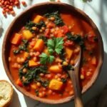 "Overhead shot of lentil and bean stew with kale, red lentils, borlotti beans, carrots, and sweet potatoes in a rustic bowl on a marble background with bread and herbs."