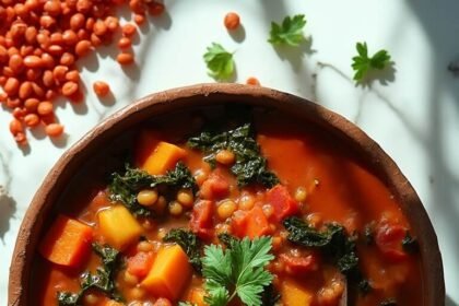 "Overhead shot of lentil and bean stew with kale, red lentils, borlotti beans, carrots, and sweet potatoes in a rustic bowl on a marble background with bread and herbs."