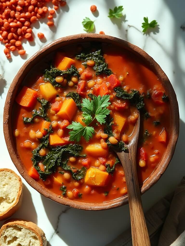 "Overhead shot of lentil and bean stew with kale, red lentils, borlotti beans, carrots, and sweet potatoes in a rustic bowl on a marble background with bread and herbs."