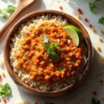 "Overhead shot of red lentil curry with brown rice in a rustic wooden bowl, garnished with cilantro and lime on a white marble background"