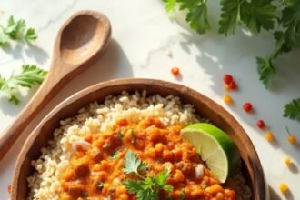 "Overhead shot of red lentil curry with brown rice in a rustic wooden bowl, garnished with cilantro and lime on a white marble background"