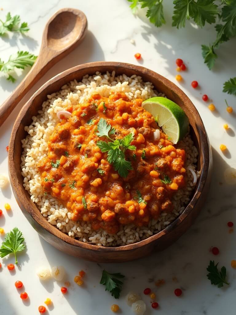 "Overhead shot of red lentil curry with brown rice in a rustic wooden bowl, garnished with cilantro and lime on a white marble background"