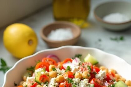 "Mediterranean chickpea salad with feta and vegetables in a white ceramic bowl on a clean marble countertop, bathed in warm daylight."