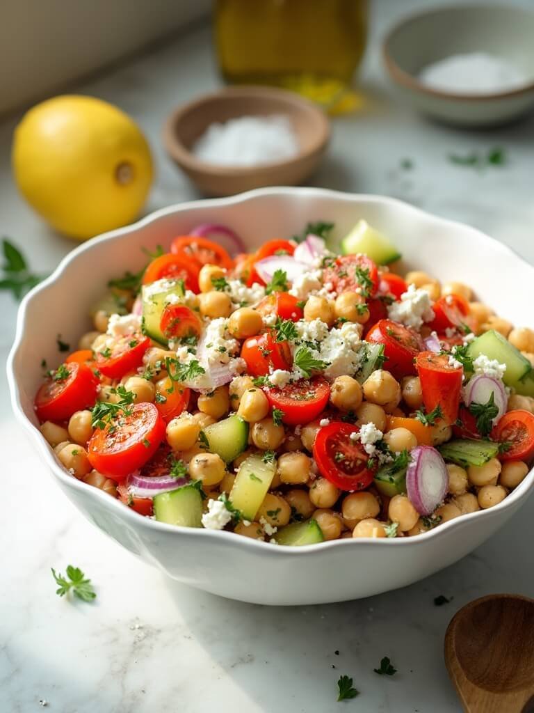"Mediterranean chickpea salad with feta and vegetables in a white ceramic bowl on a clean marble countertop, bathed in warm daylight."