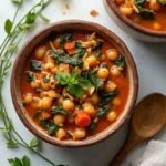 "Mediterranean chickpea and spinach stew in rustic ceramic bowl on a white marble surface with fresh parsley garnish and artistic olive oil drizzle"