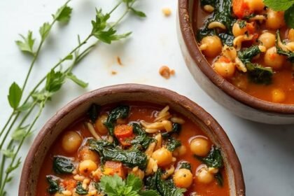 "Mediterranean chickpea and spinach stew in rustic ceramic bowl on a white marble surface with fresh parsley garnish and artistic olive oil drizzle"