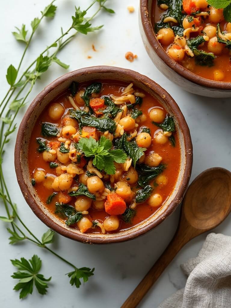 "Mediterranean chickpea and spinach stew in rustic ceramic bowl on a white marble surface with fresh parsley garnish and artistic olive oil drizzle"