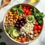"Mediterranean grain bowl with chickpeas, feta, olives, tomatoes, cucumber, bell pepper, and greens, served with herb and garlic dressing on a white marble background."