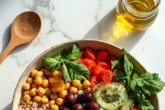 "Mediterranean grain bowl with chickpeas, feta, olives, tomatoes, cucumber, bell pepper, and greens, served with herb and garlic dressing on a white marble background."