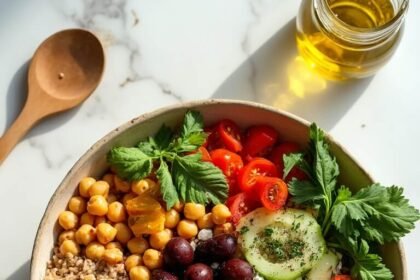 "Mediterranean grain bowl with chickpeas, feta, olives, tomatoes, cucumber, bell pepper, and greens, served with herb and garlic dressing on a white marble background."