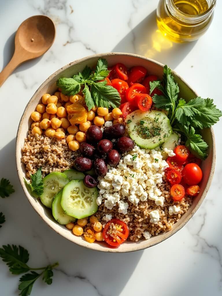 "Mediterranean grain bowl with chickpeas, feta, olives, tomatoes, cucumber, bell pepper, and greens, served with herb and garlic dressing on a white marble background."