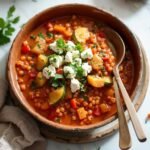 "Mediterranean lentil stew with zucchini, bell peppers, and feta cheese in a ceramic bowl on a white marble surface"
