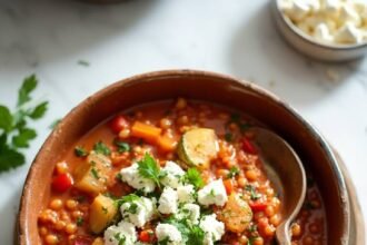 "Mediterranean lentil stew with zucchini, bell peppers, and feta cheese in a ceramic bowl on a white marble surface"