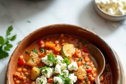 "Mediterranean lentil stew with zucchini, bell peppers, and feta cheese in a ceramic bowl on a white marble surface"