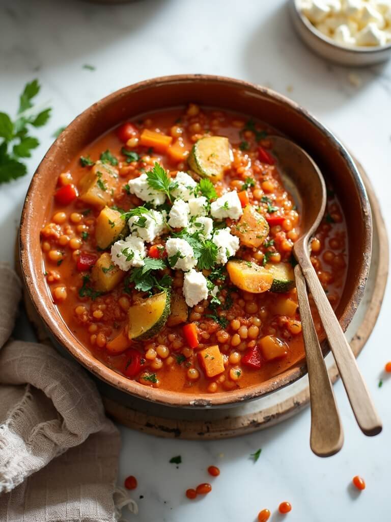"Mediterranean lentil stew with zucchini, bell peppers, and feta cheese in a ceramic bowl on a white marble surface"