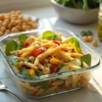 "Mediterranean pasta salad with chickpeas and vegetables on marble countertop"