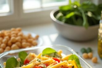 "Mediterranean pasta salad with chickpeas and vegetables on marble countertop"
