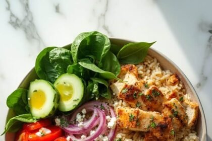 "Mediterranean rice bowl with grilled chicken, feta cheese, fresh vegetables, hummus, and tzatziki on a clean white background"