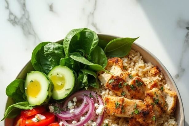 "Mediterranean rice bowl with grilled chicken, feta cheese, fresh vegetables, hummus, and tzatziki on a clean white background"