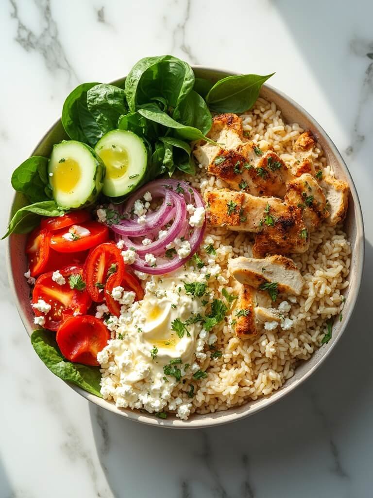 "Mediterranean rice bowl with grilled chicken, feta cheese, fresh vegetables, hummus, and tzatziki on a clean white background"