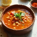 "Moroccan lentil soup with red lentils, chickpeas, tomatoes, and fresh coriander in a rustic ceramic bowl garnished with olive oil, accompanied by a lemon half, crusty bread, and Moroccan spices on a clean white marble background."