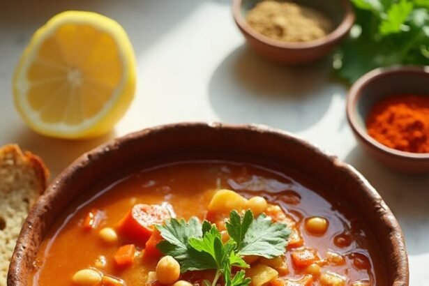 "Moroccan lentil soup with red lentils, chickpeas, tomatoes, and fresh coriander in a rustic ceramic bowl garnished with olive oil, accompanied by a lemon half, crusty bread, and Moroccan spices on a clean white marble background."