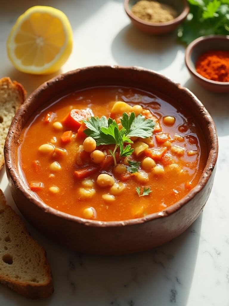 "Moroccan lentil soup with red lentils, chickpeas, tomatoes, and fresh coriander in a rustic ceramic bowl garnished with olive oil, accompanied by a lemon half, crusty bread, and Moroccan spices on a clean white marble background."